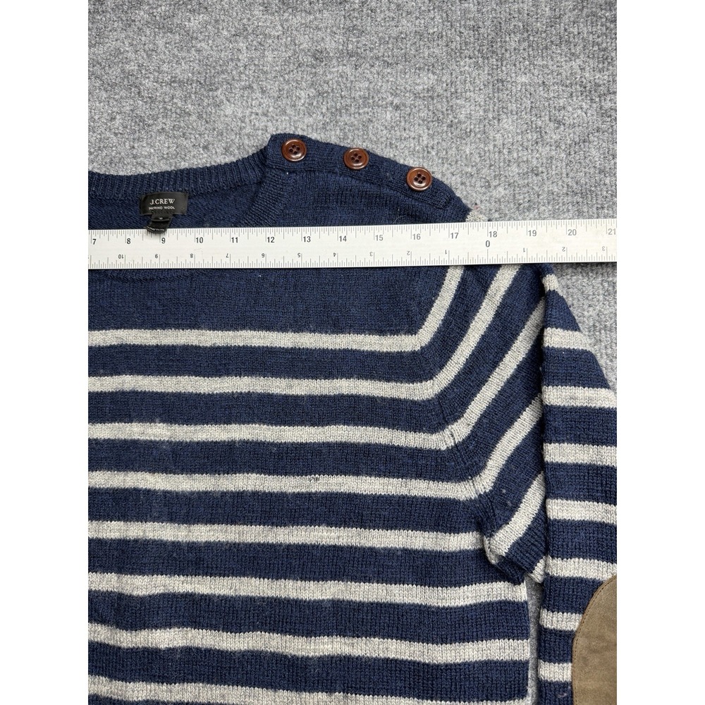 J Crew Stripped Pullover Sweater 100% Merino Wool blue Elbow Patch Size S preppy - Picture 2 of 9